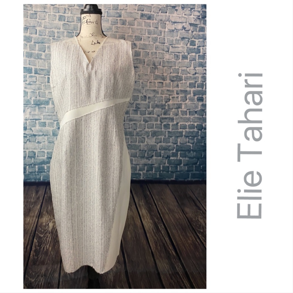 Elie Tahari 16 White/Gray Tweed Block Dress